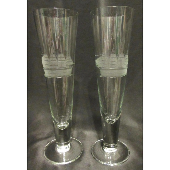 Champagne Flute Glass 10" Clear Etched Ship Boat Schooner Birds Design Set of 2 - Picture 2 of 12